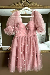 Blush Pink Pearls Corset Short Homecoming Dress, Princess Party Dress
